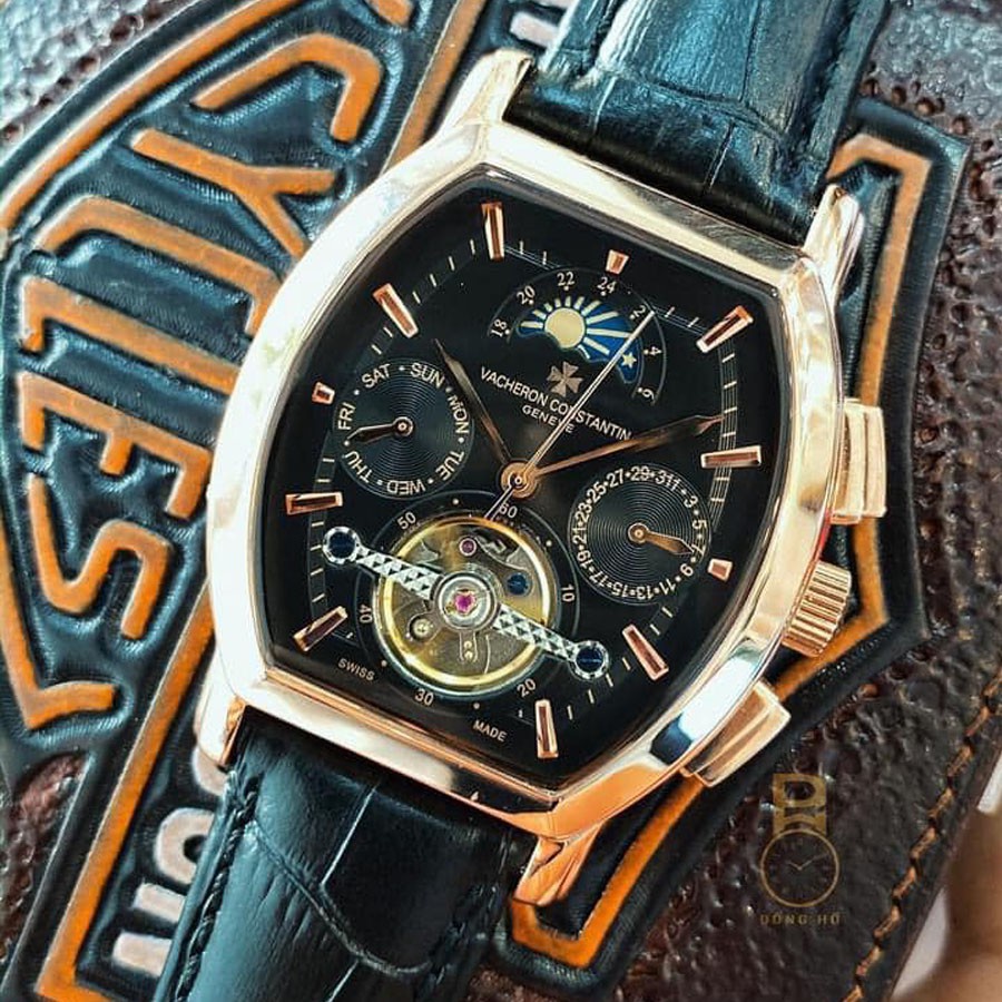 Đồng hồ Nam Vacheron constantin cơ tự động 6kim trăng sao size 40-41 dây da mặt đen vỏ vàng