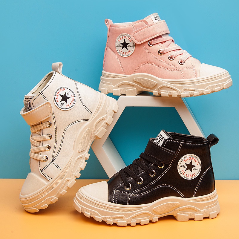 2021 Autumn New Big Children Casual Sneakers High-top Side Zipper Non-slip Leather Shoes for Boys and Girls