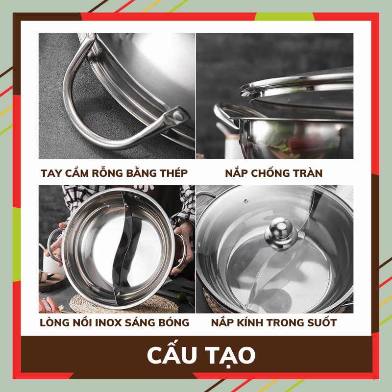 Nồi lẩu 2 ngăn inox cao cấp BEHOME Nồi nấu lẩu inox  - Nồi 2 dùng được Bếp Từ Làm Nóng Cực Nhanh Đa Năng