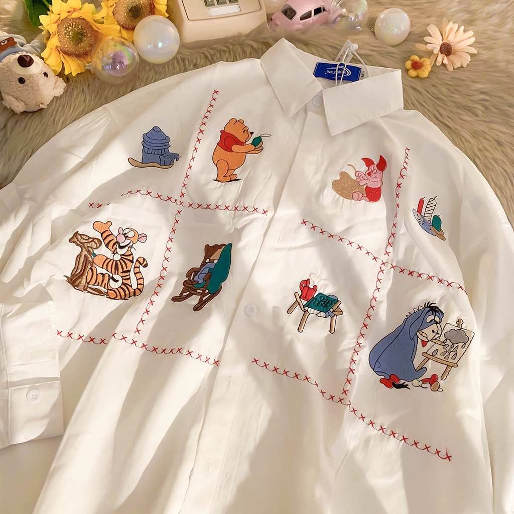 Áo sơ mi trắng dáng rộng thêu họa tiết hoạt hình thời trang mùa thu thích hợp cho nữ