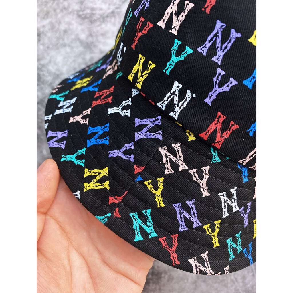 Mũ Bucket vải vành tròn NY M.L.B Monogram Rainbow Black XUẤT DƯ FULL TEM TAG