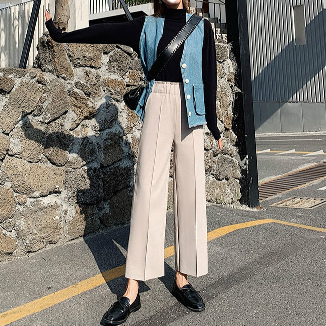 Quần Dài Ống Rộng Lưng Cao Màu Trơn Thời Trang Mùa Thu Cho Nữ