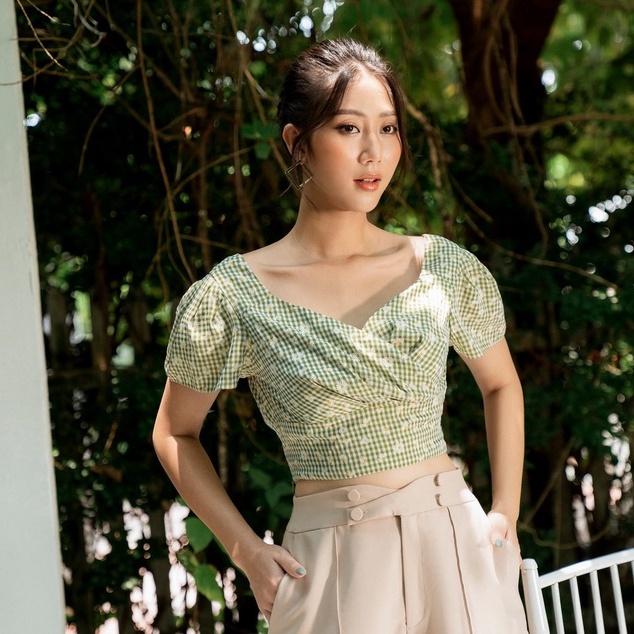 Áo croptop nữ HeraDG thiết kế cổ vạt chéo nữ tính, thắt nơ lưng quyến rũ SAKBB3097