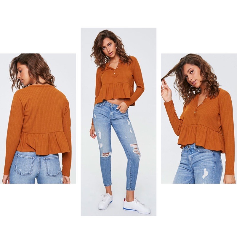 Áo Peplum Cổ V Tay Dài Chất Thun Len F21