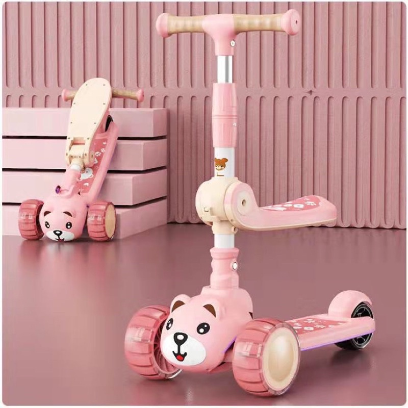 Xe Scooter Cho Bé Hình Gấu Bear Có Nhạc Và Đèn Phát Sáng, Bảo Hành 12 Tháng, Xe Trượt Scooter Cho Bé Chòi Chân
