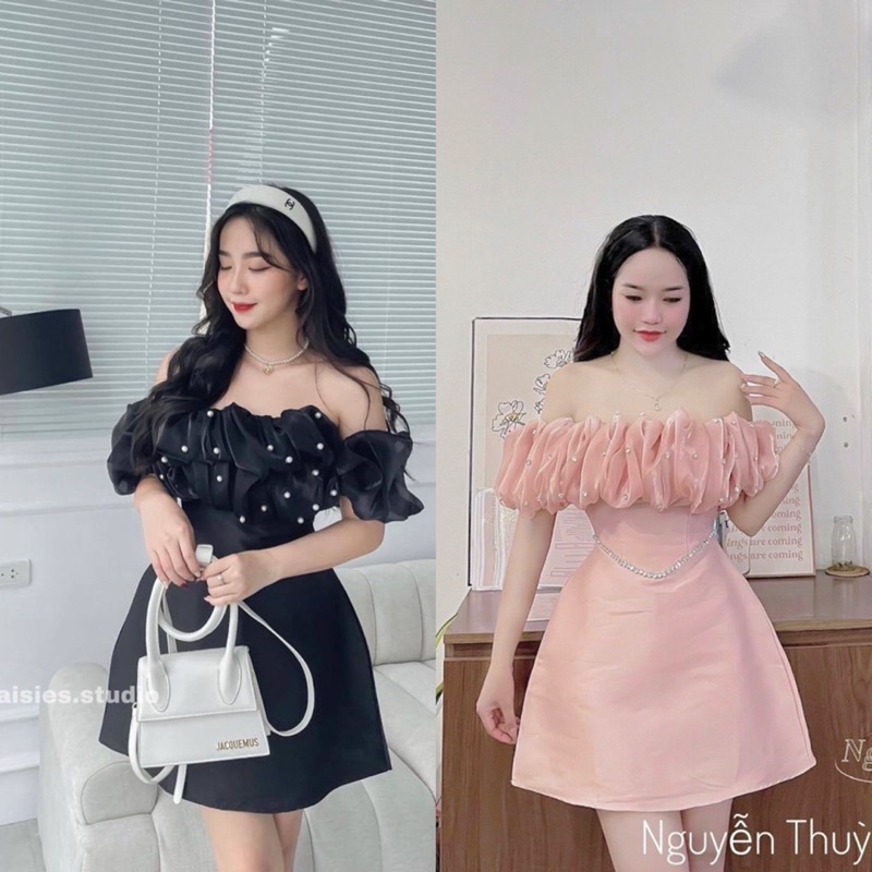 Váy Tacta Trễ Vai Sang Chảnh (hình thật) Đầm Trễ Vai Đi Tiệc Chất Tacta Đính Cườm loại 1
