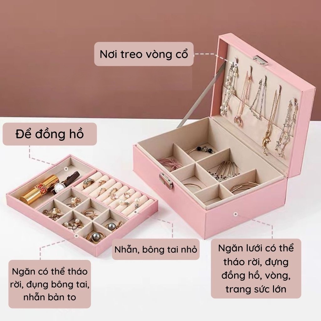 [HCM] Hộp Trang Sức Hai Tầng Có Khóa Bọc Da,Quầy trưng bày trang sức hoa tai vòng cổ-[URBSC-B]