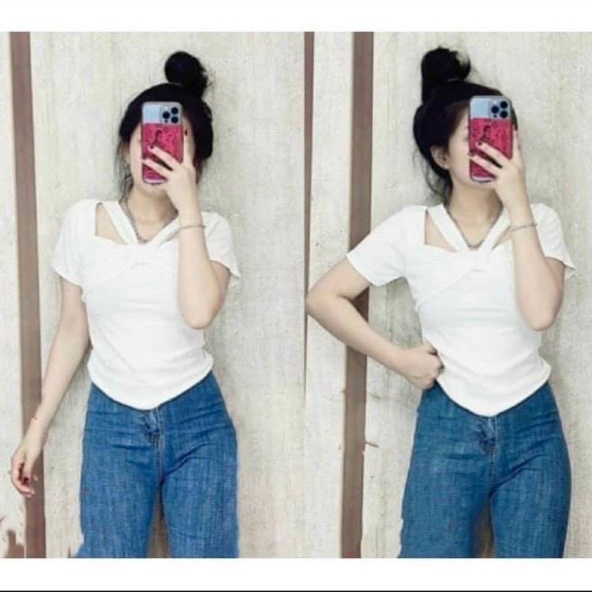Áo croptop tay ngắn cổ vuông xoắn ngực 2 dây chéo v chất borip siêu xinh
