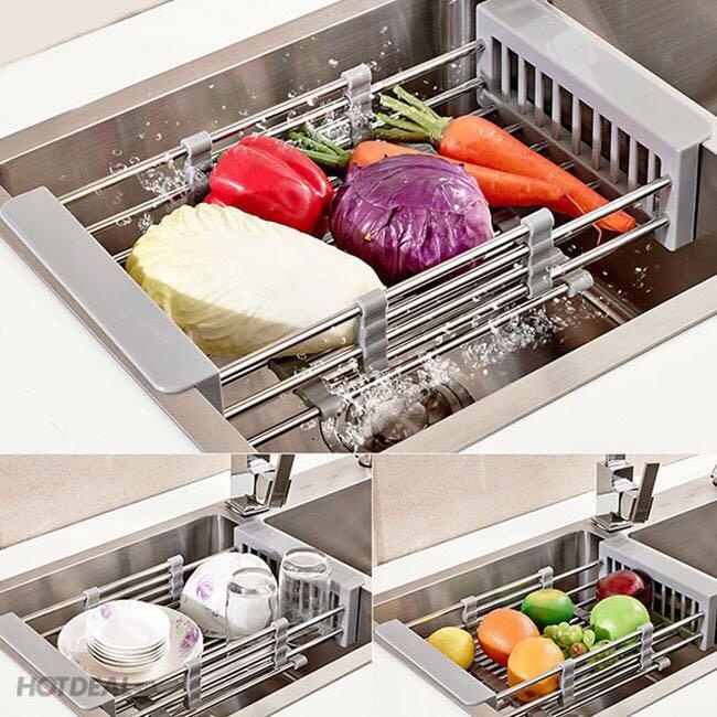 Rổ inox rút gọn khay inox kéo rút gác bồn rửa chén bát tiện dụng