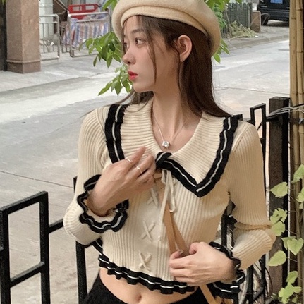 Áo dệt kim ZHELIHANGFEI tay dài cổ búp bê hở eo quyến rũ trẻ trung cho nữ