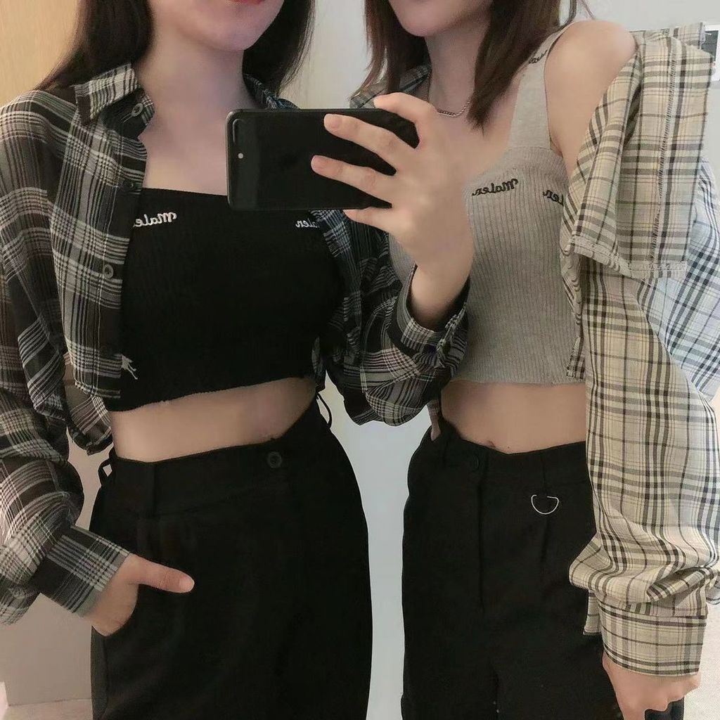 Áo Khoác Sơ Mi Ngắn Tay Dài Eo Cao Họa Tiết Kẻ Ô Màu Đen Thời Trang Mùa Thu Dành Cho Nữ