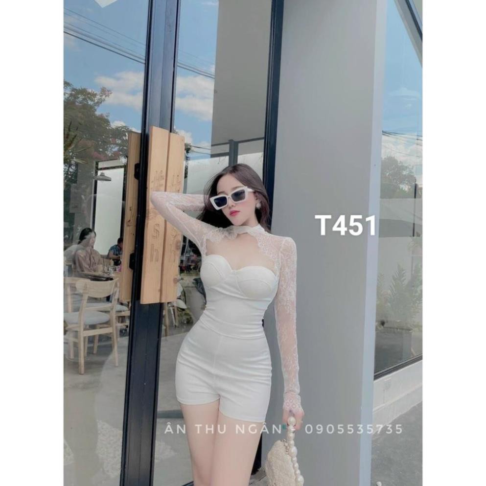TSL-Jumpsuit nữ ngắn phối ren khoét tay dài có mút ngực dự tiệc dạo phố Jum nữ phối ren tay dài kiểu mới