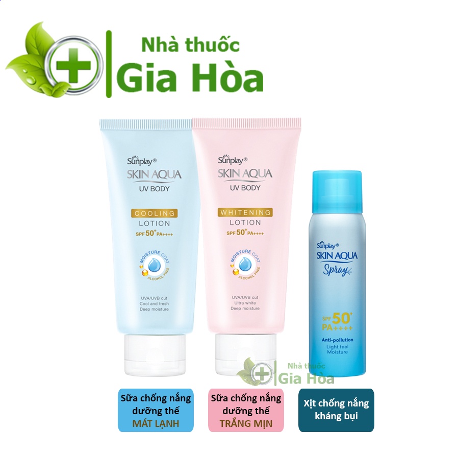 Kem chống nắng Sunplay Skin Aqua UV Body Lotion dưỡng thể mát lạnh / trắng mịn, Spray / dạng xịt kháng bụi SPF50+ PA++++