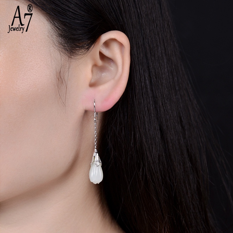 Bông Tai Mạ Bạc 925 Hình Hoa Mộc Lan Đính Đá Ngọc Bích Giả Xinh Xắn Cho Nữ