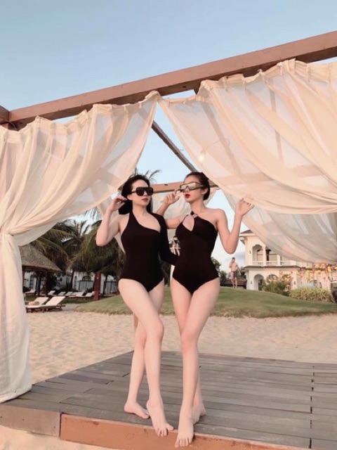 [ HÀNG ĐẸP+ MẪU MẶC] Bikini liền mảnh chéo vai phối khoen tròn màu đen