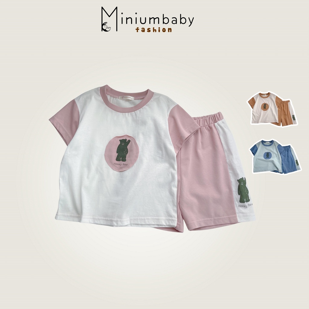 Bộ cộc tay mùa hè unisex cho bé trai và bé gái chất liệu cotton, set đồ in gấu-MiniumBaby-SB1214