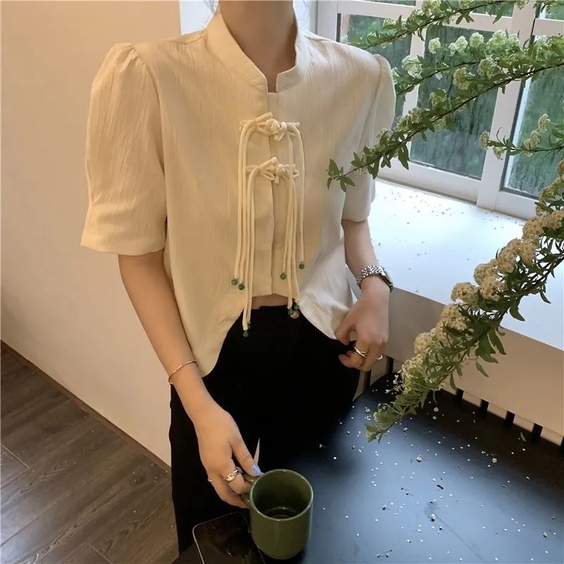 Áo Sơ Mi Ngắn Tay Đính Nút Phong Cách Trung Hoa Mẫu Mới Thời Trang Xuân Hè Cho Nữ 2022