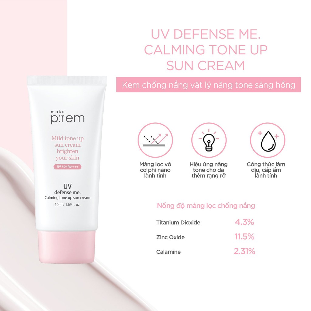 Kem Chống Nắng Vật Lý Nâng Tone Make P:rem UV defense me. Calming tone up sun cream