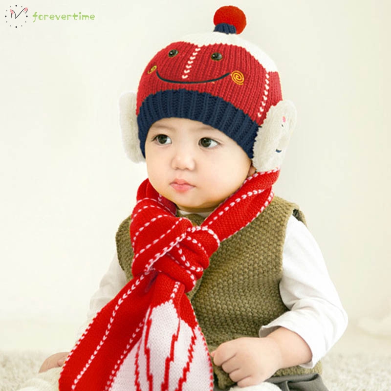 ☞mũ☜ Baby Boys Girls Knitted Hat + Scarf Smile Face Winter Warm Beanie Cap Hats Scarf Set
