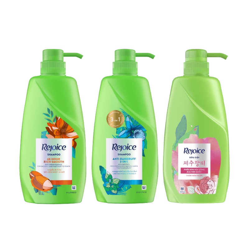 Dầu Gội REJOICE chai 900ml Siêu Mượt / Giảm Gàu 3 In 1 / Nước Hoa Mẫu Đơn / Hoa Hồng Jeju