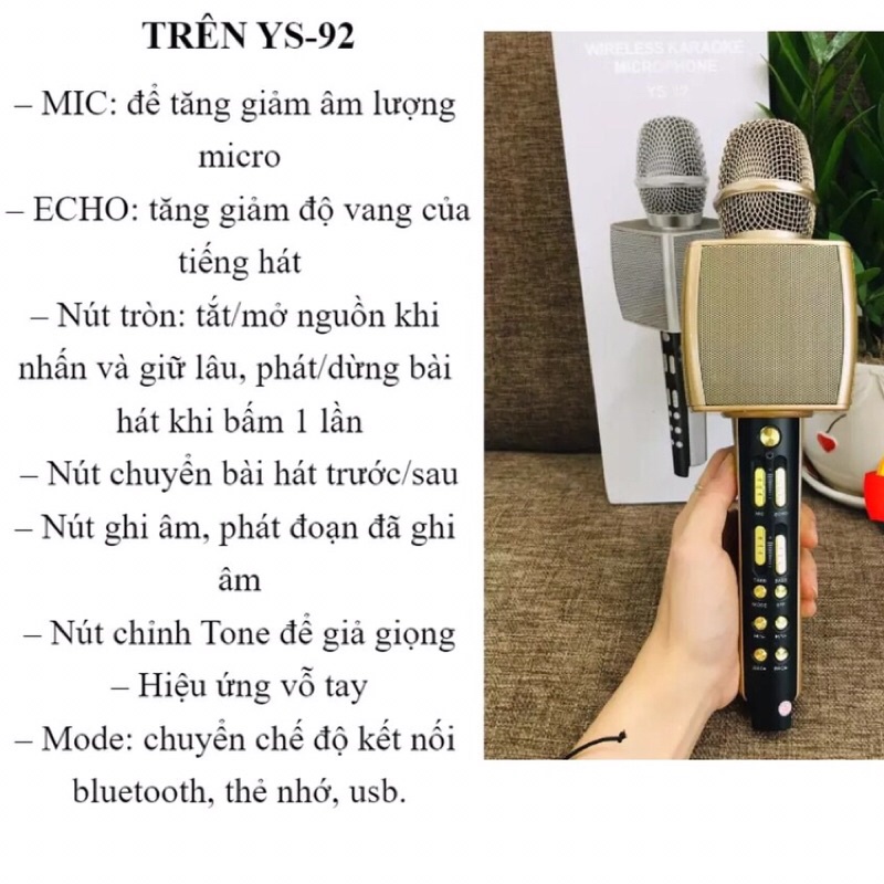 MIC KARAOKE BLUETOOTH YS 92 - MICRO CAO CẤP - LIVESTREAM - ÂM THANH SỐNG ĐỘNG - THẺ NHỚ - GHI ÂM