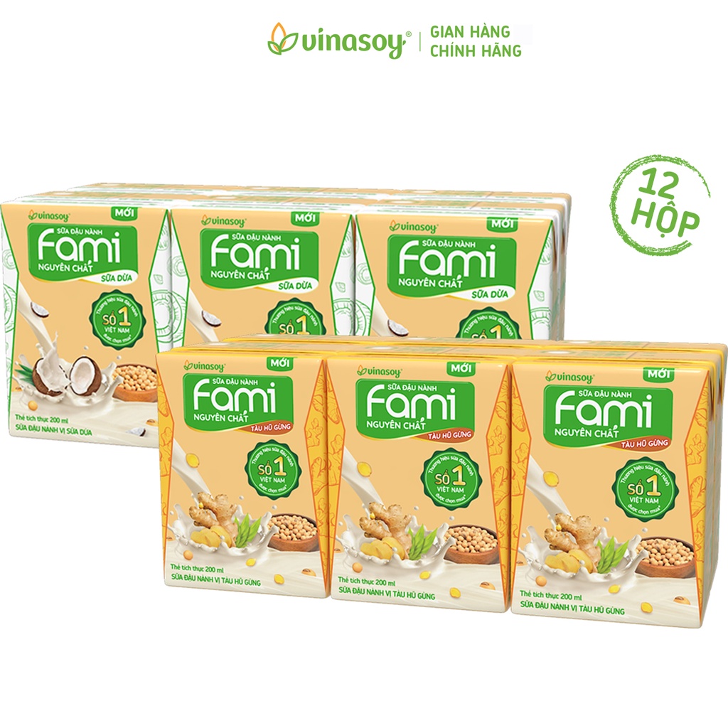 Combo 2 lốc sữa đậu nành Fami Nguyên Chất vị Tàu Hũ Gừng và Fami Nguyên Chất vị Sữa dừa (12 hộp x 200ml)