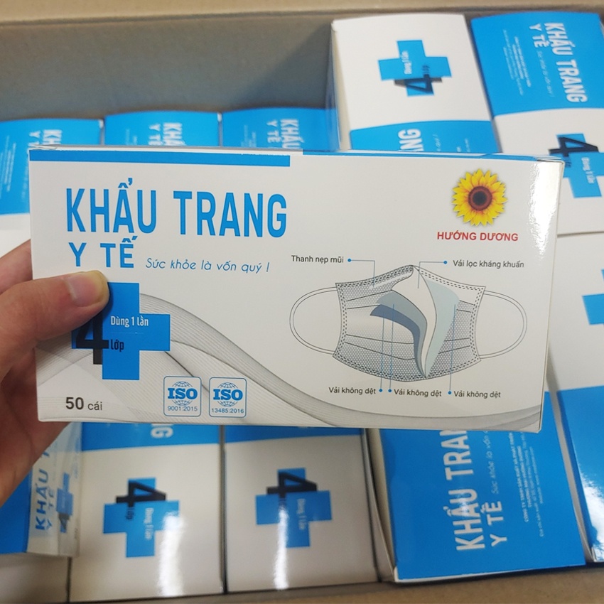 Khẩu Trang Y Tế Hướng Dương 4 Lớp Kháng Khuẩn Chính Hãng - 1 Hộp 50 Cái Có Logo Nhãn Hiệu Hướng Dương