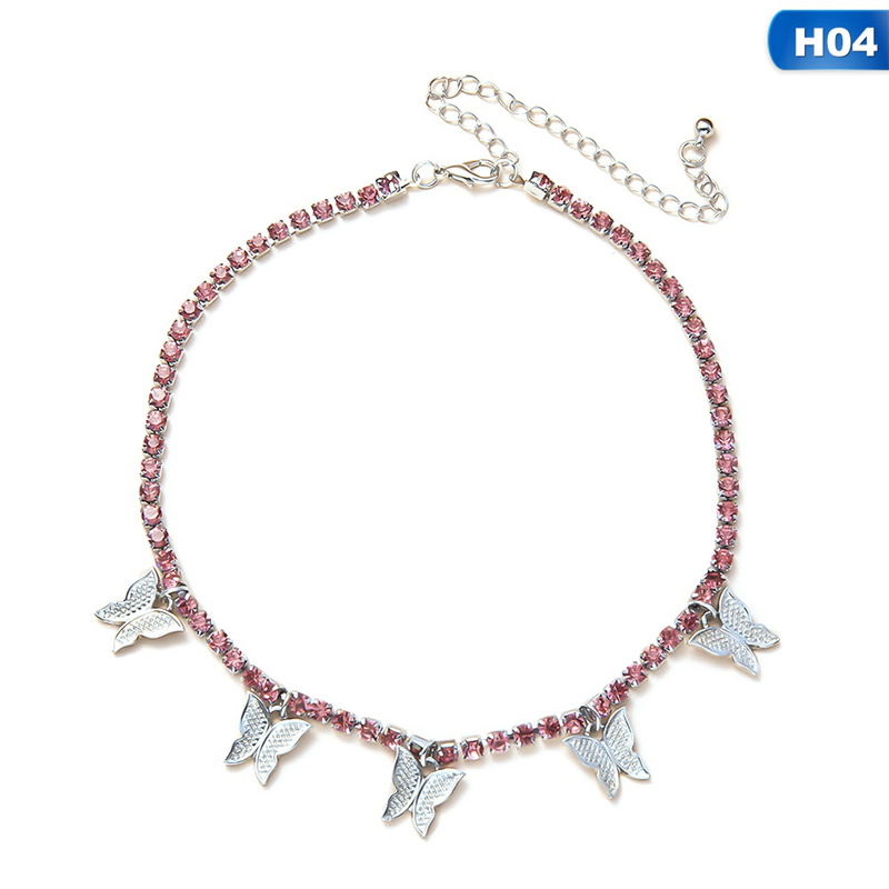 Pink Clear Tennis Chain Butterfly Drop Charm Choker Necklace Women