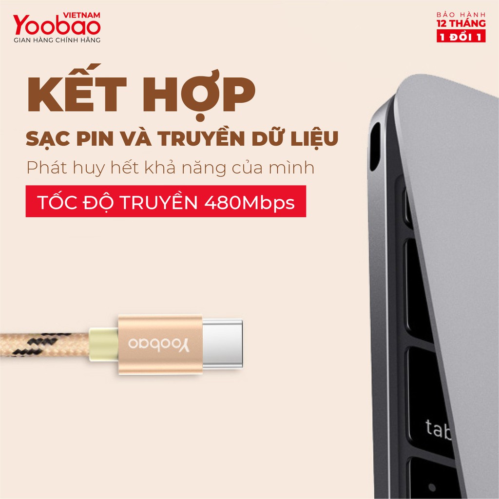 Dây cáp sạc USB Type C YOOBAO YB-415C Vỏ bện nylon dài 1.5m - Hàng chính hãng Bảo hành 12 tháng 1 đổi 1