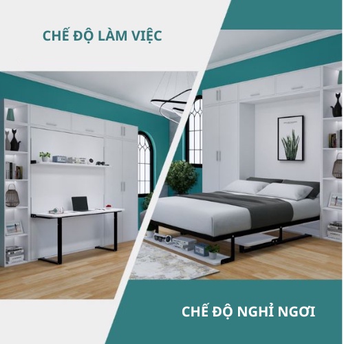 Giường Murphy gấp gọn thông minh âm tường kết hợp bàn làm việc, giá sách - Nội thất tiết kiệm không gian.KT 150 x 200 cm