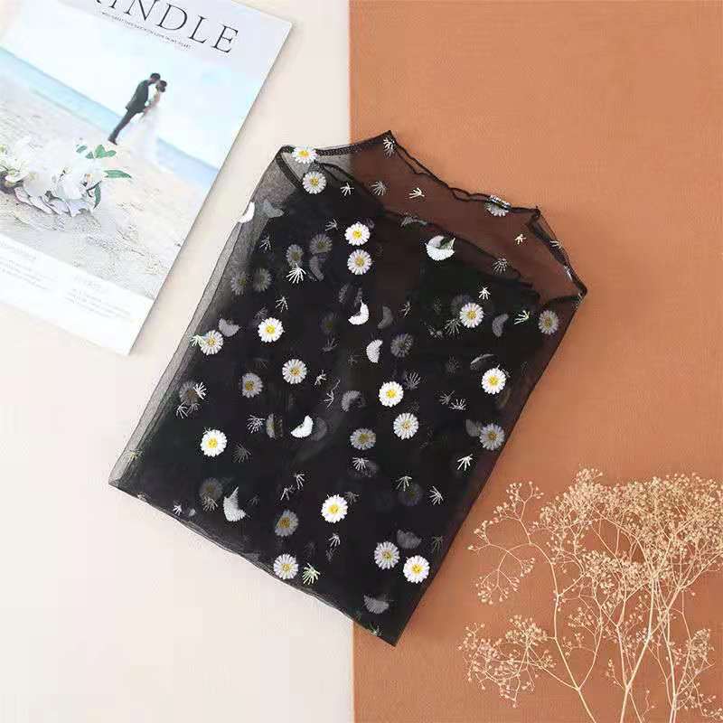 Áo kiểu lưới tay dài thêu họa tiết hoa cúc nhỏ thời trang mùa hè xinh xắn dành cho nữ