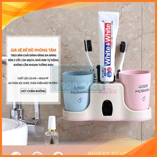 Giá kệ để đồ phòng tắm treo bàn chải đánh răng đa năng kèm 2 cốc lúa mạch, nhả kem tự động, không cần khoan tường 9304