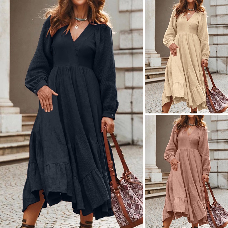 Đầm Zanzea dài tay phồng cổ chữ V form rộng phong cách châu Âu thời trang cho nữ