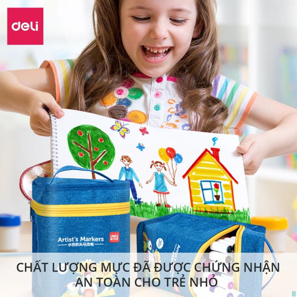 Bút màu marker 2 đầu túi vải bò Deli - mực có thể rửa được - có đầu brush và vát - 30 màu/40màu/60màu/80màu -70808 .