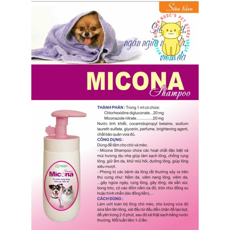 Sữa tắm trị viêm nang lông, viêm da, nấm da cho CHÓ MÈO VEMEDIM MICONA SHAMPOO 200ml