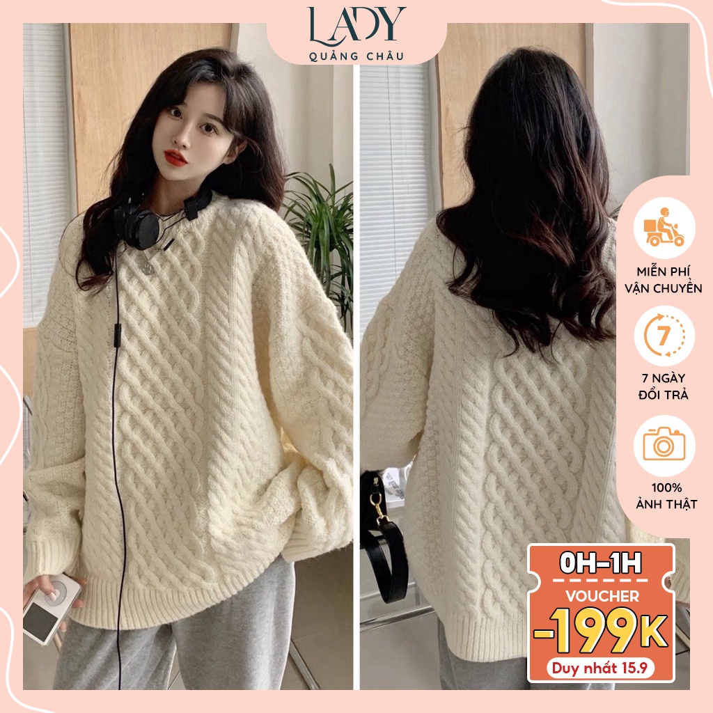 Áo len trắng nữ form rộng dài tay kiểu họa tiết vặn thừng chất dày dặn, cực ấm ladyquangchau M105