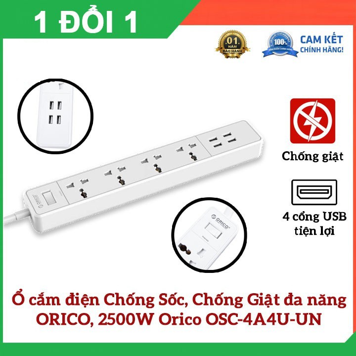 Ổ cắm điện Chống Sốc, Chống Giật đa năng ORICO, Ổ Cắm Điện 2500W Orico OSC-4A4U-UN