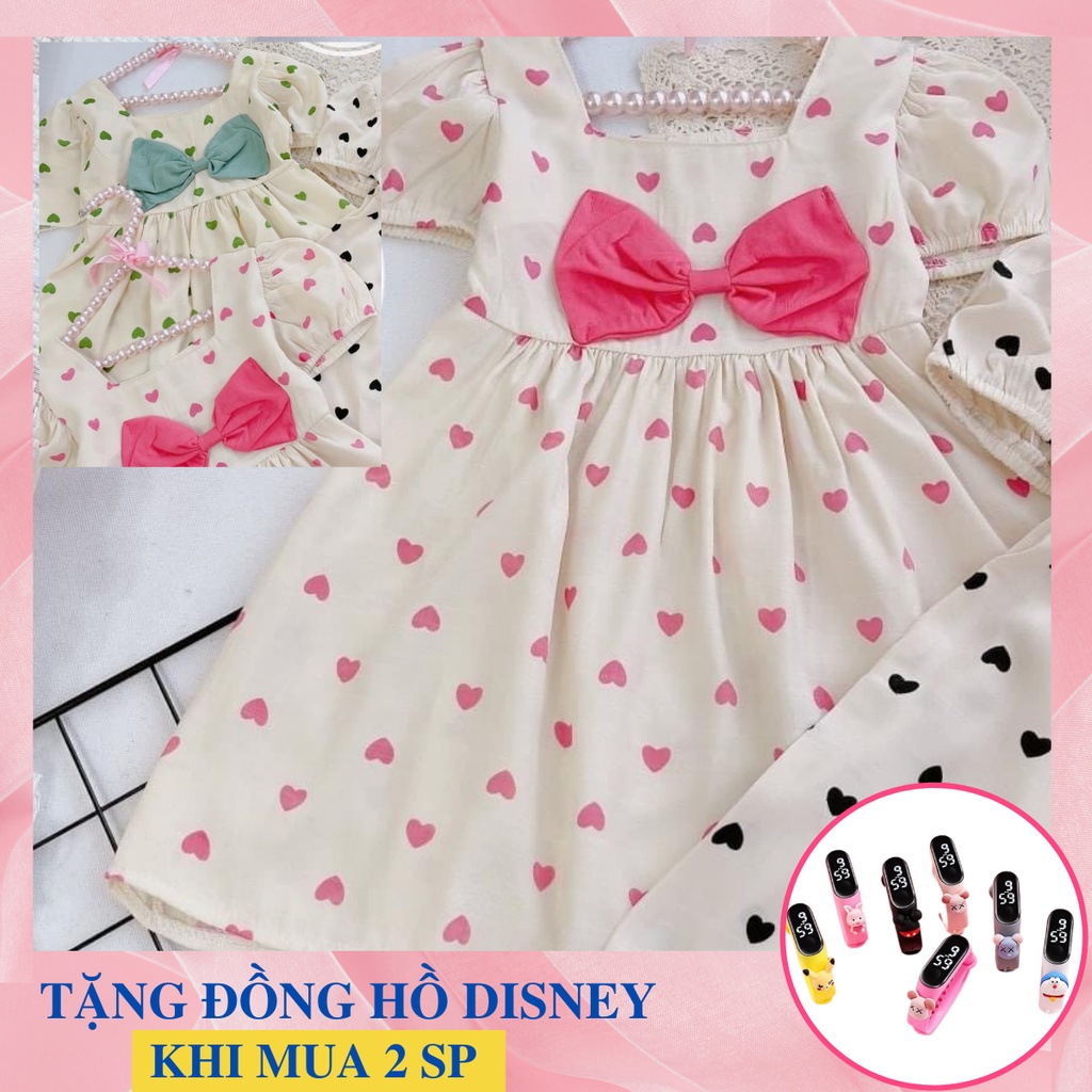 Đầm Xòe Cho Bé Gái Đính Nơ Lớn Họa Tiết Trái Tim Hồng Xanh Xinh Xắn