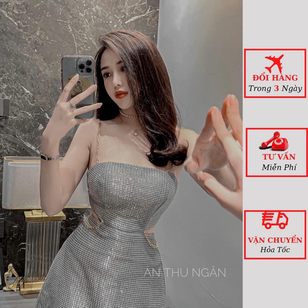 Váy 2 dây xích nhũ nữ cúp ngực dáng ngắn ôm body kiểu sexy đi tiệc cưới ulzzang Hàn Quốc