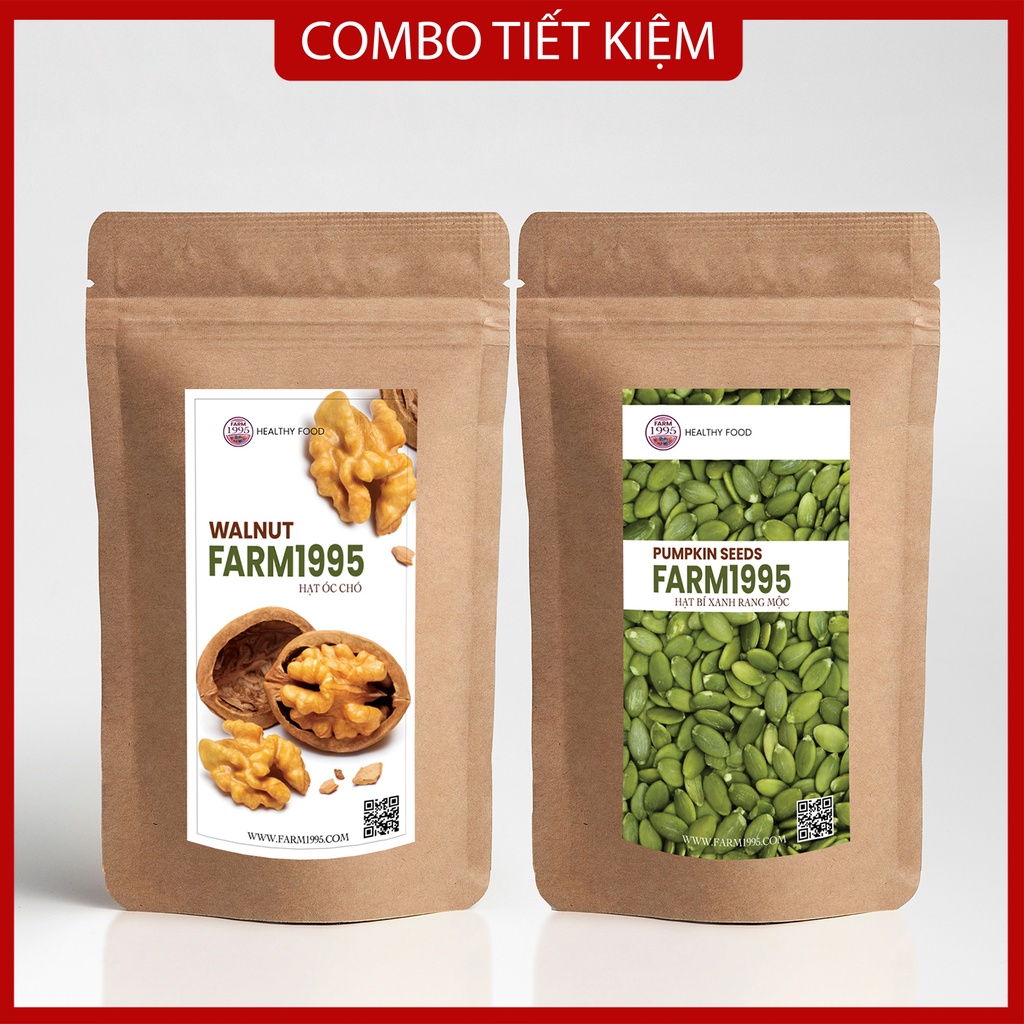 Combo Hạt óc chó và Hạt bí xanh Farm 1995 - 500g, Nhân hạt óc chó và Hạt bí xanh tách vỏ rang mộc