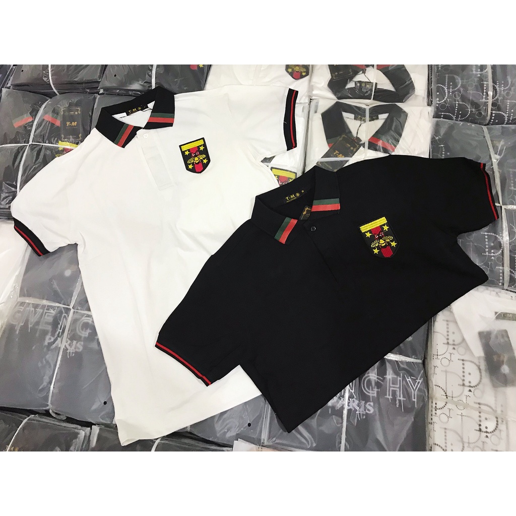 Áo thun nam cổ trụ tay ngắn thêu logo ngực phối vai , viền tay cổ áo chất cotton thoáng mát thời trang mùa hè hot trend