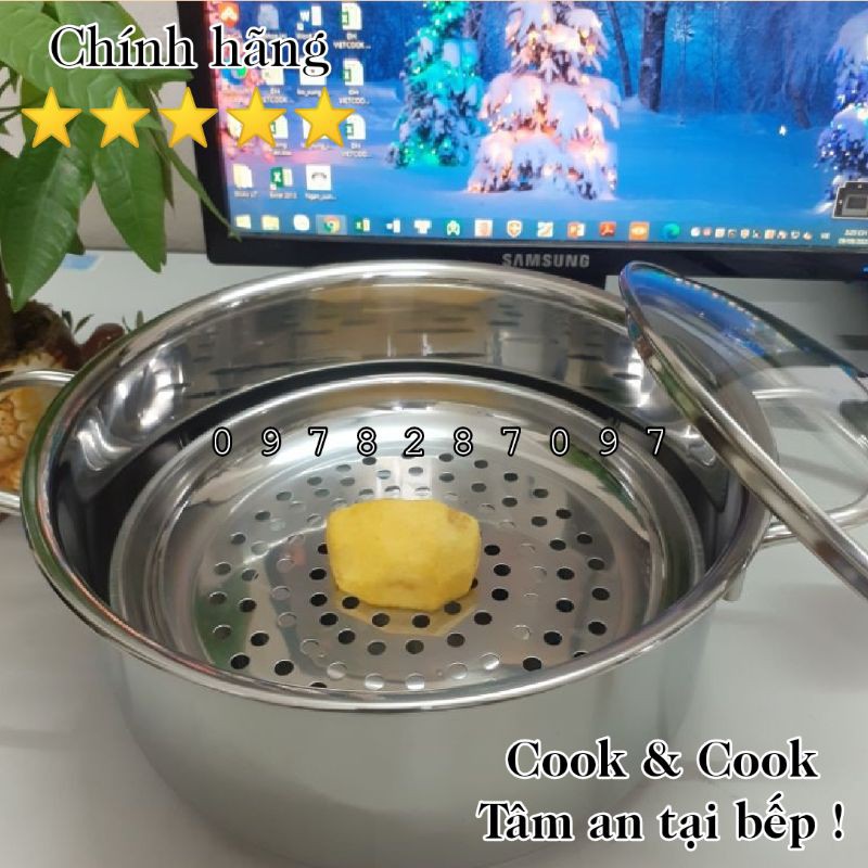 [CHÍNH HÃNG] Vỉ hấp inox cách thủy size 20, 22, 24 cm có chân đế, xửng hấp chính hãng Vietcook