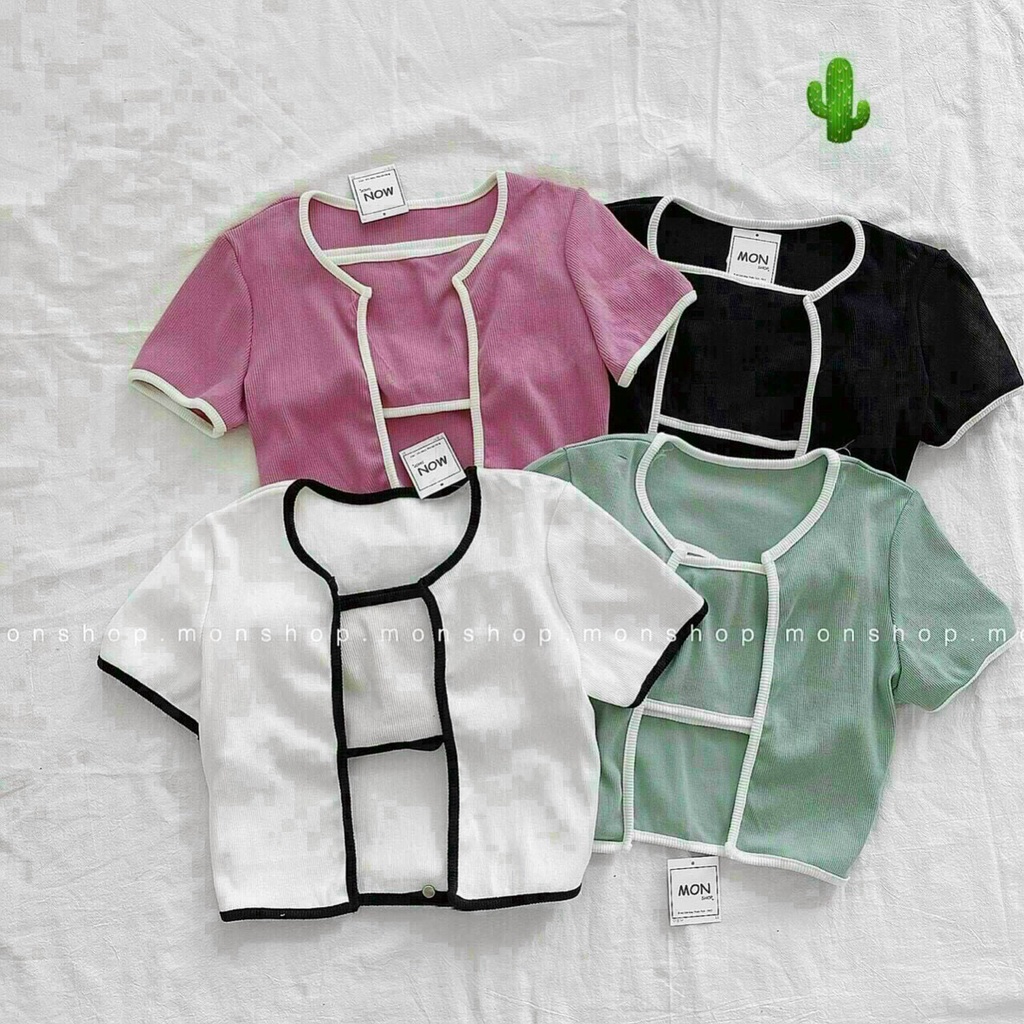 Set áo croptop tay ngắn viền màu khoác ngoài kèm áo ống trơn chất thun gân (ảnh thật)