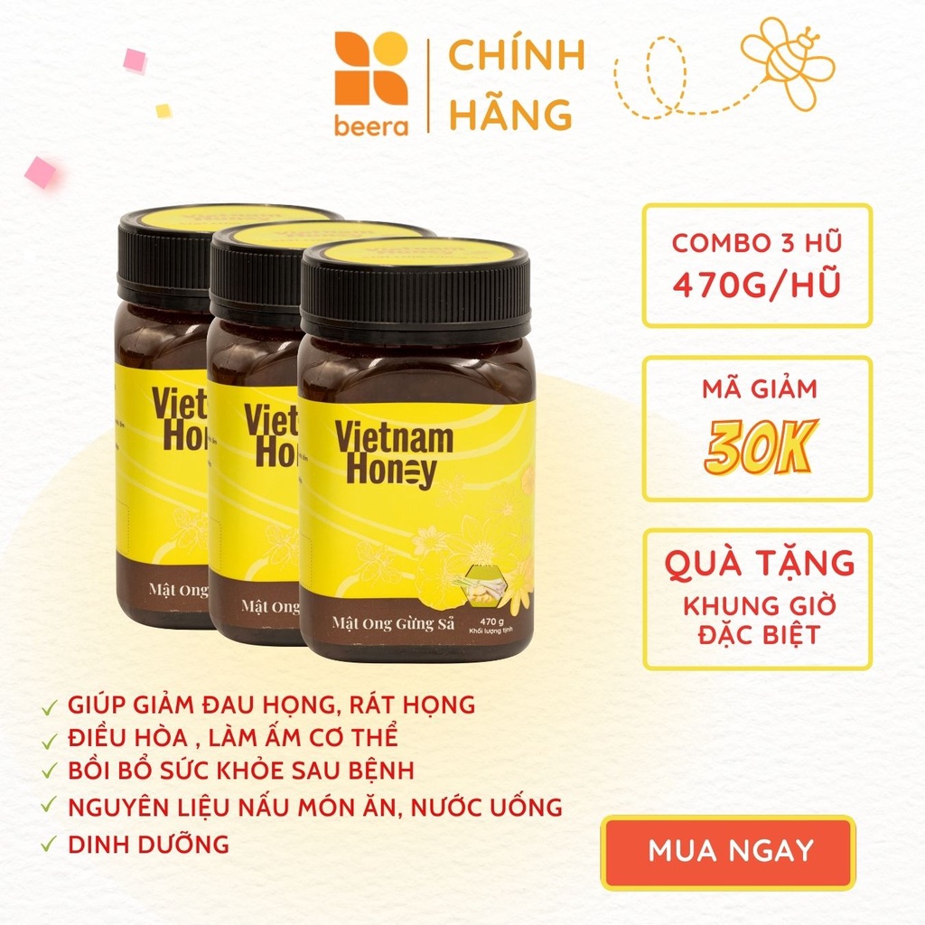 Combo 3 mật ong Gừng sả Vietnamhoney Beera tăng sức đề kháng, giảm ho đờm( 3 x 470g)