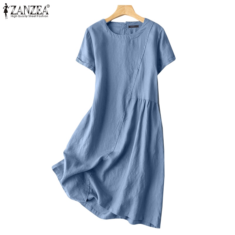 Đầm dài ZANZEA cổ tròn tay ngắn dáng rộng cài nút sau lưng thời trang cho nữ