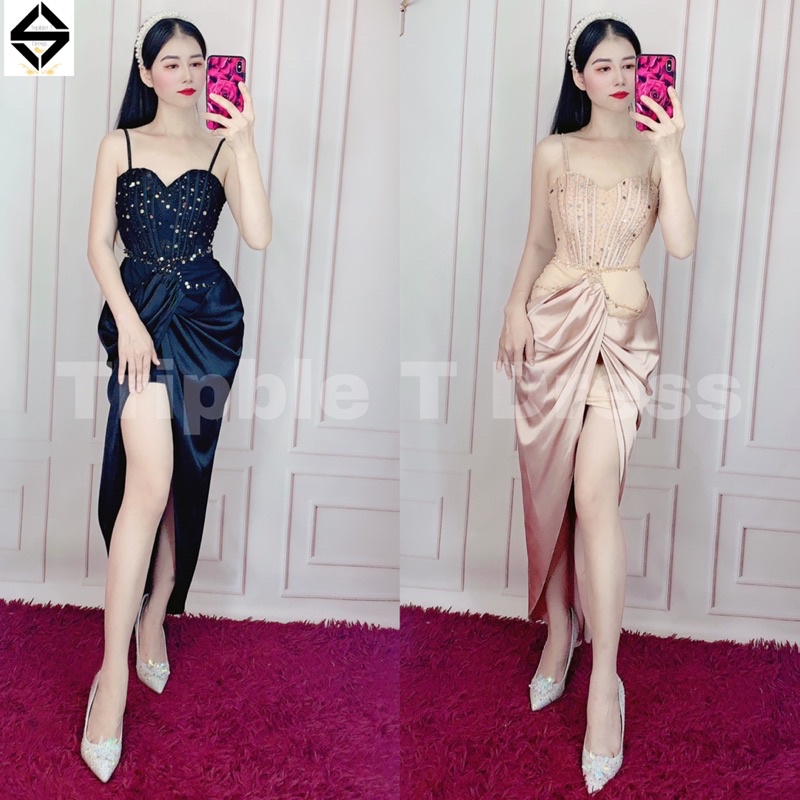 Đầm body lưới 2 dây phối phi thun lụa cao cấp sang trọng kết đá tráng gương tròn TRIPBLE T DRESS - size M/L - MS357V