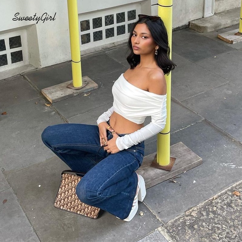 Áo croptop tay dài trễ vai dáng ôm màu trơn thời trang quyến rũ cho nữ