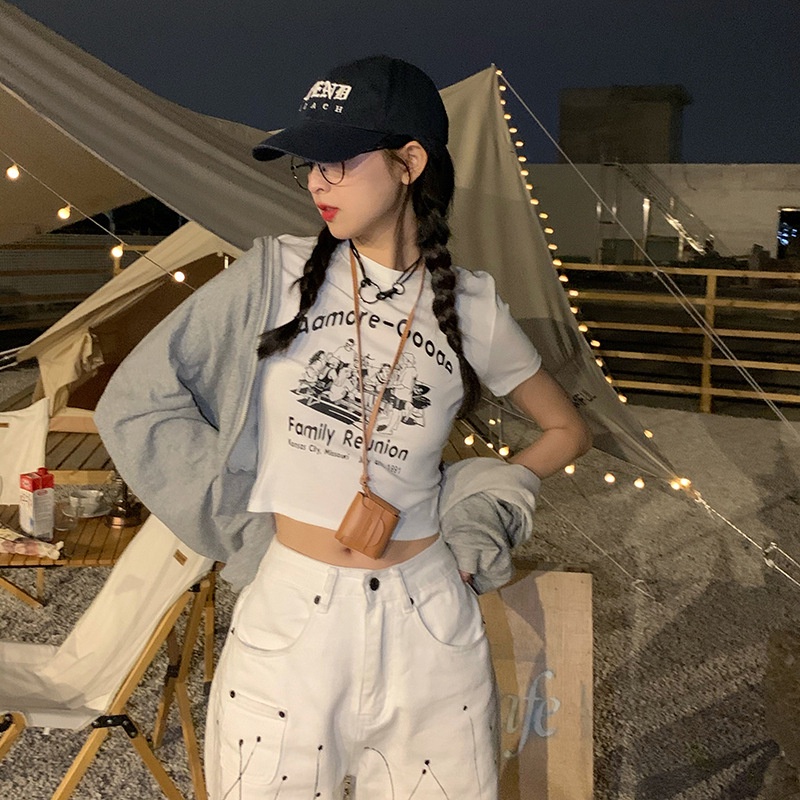 Áo Thun Lửng Ngắn Tay In Chữ Phong Cách Vintage Cho Nữ