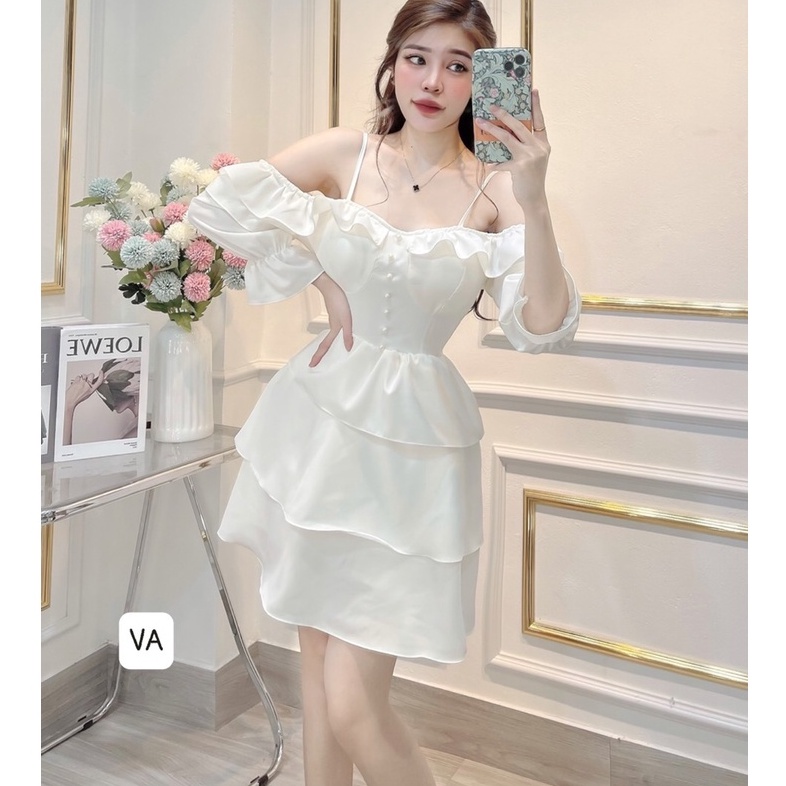 Váy Tơ Thiết Kế Bệt Vai Ba Tầng Một Màu Kiểu Dáng Hàn Quốc Cao Cấp | BigBuy360 - bigbuy360.vn