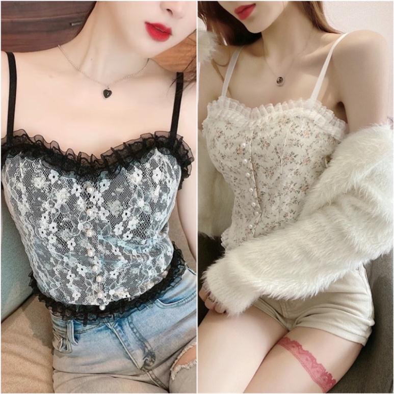 Áo bra 2 Dây Nữ Ren Hoa Tiểu Thư Đính Hạt Viền Bèo, Chun Sau Dáng Croptop Siêu Sang Chảnh Có Mút Ngực